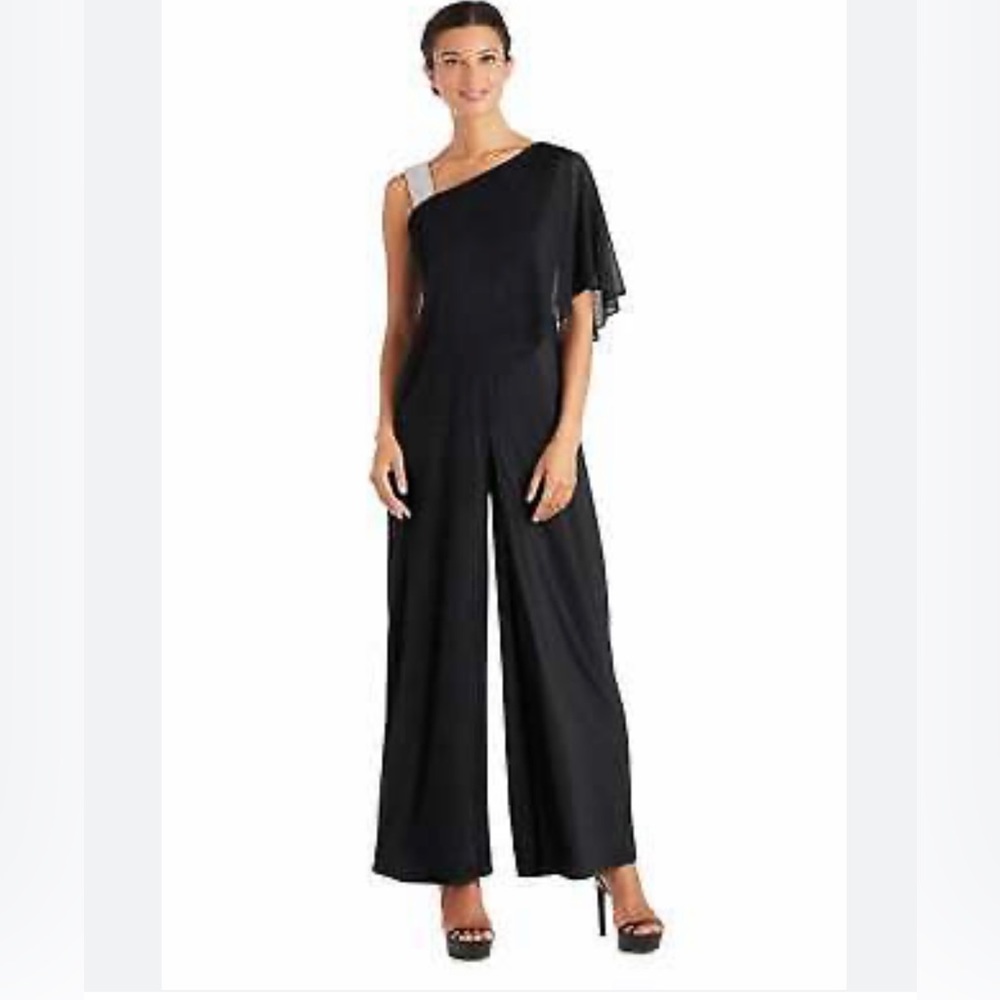 EMMA & MICHELE BLACK JUMPSUIT ONE SHOULDER STUDDED AND ONE SHAWL ELASTIC WAIST S
